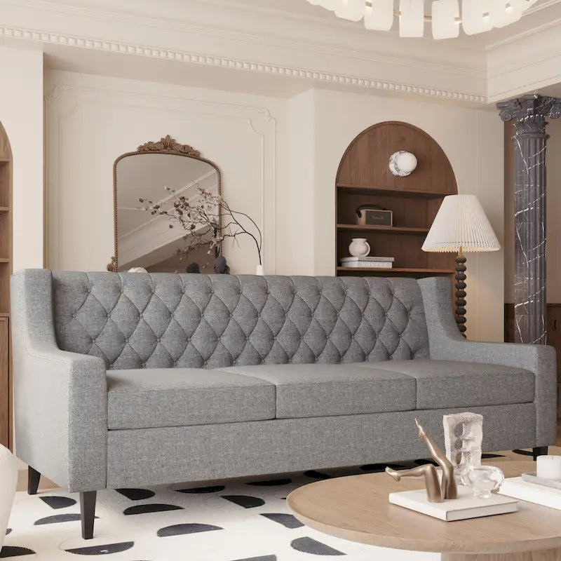 Grey Polyester 3-Seater Sofa with Tufted Back | Mid-Century Style