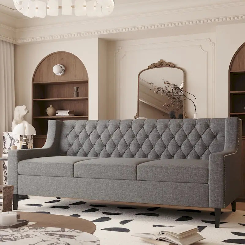 Grey Polyester 3-Seater Sofa with Tufted Back | Mid-Century Style