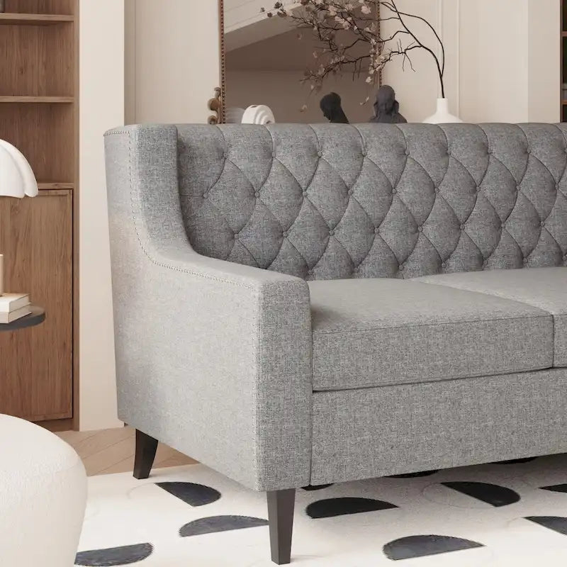 Grey Polyester 3-Seater Sofa with Tufted Back | Mid-Century Style
