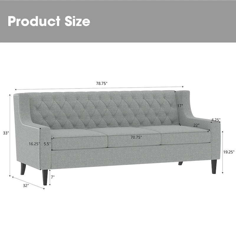 Grey Polyester 3-Seater Sofa with Tufted Back | Mid-Century Style