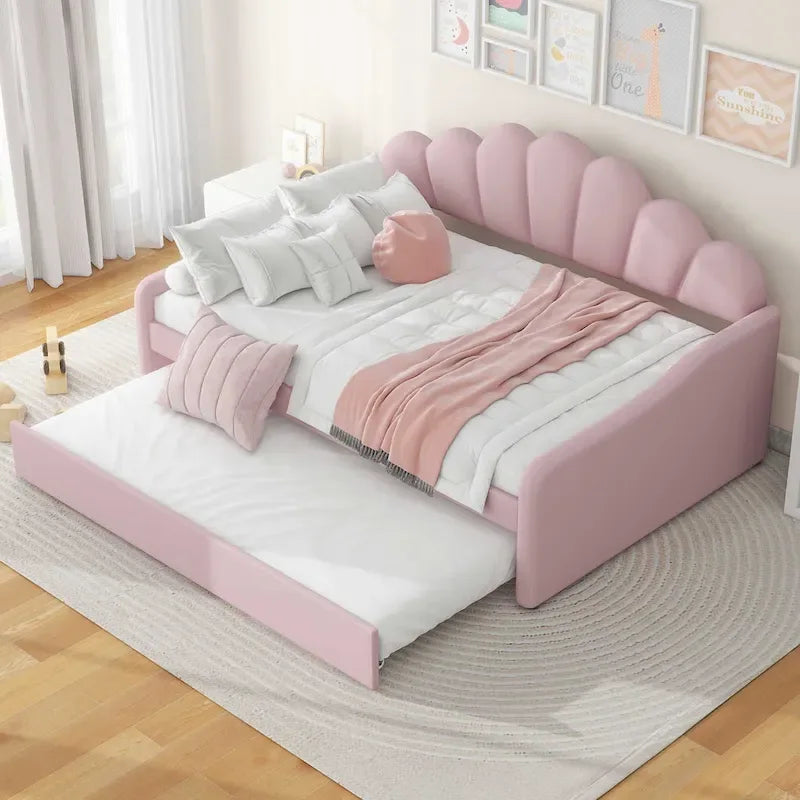 White / Pink Velvet Shell-Back Daybed with Trundle, Full Size, Sleeps 2