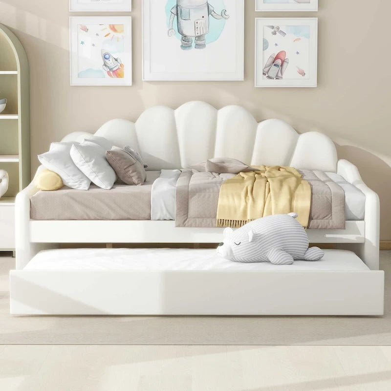 White / Pink Velvet Shell-Back Daybed with Trundle, Full Size, Sleeps 2