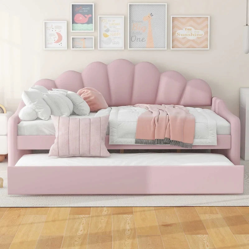 White / Pink Velvet Shell-Back Daybed with Trundle, Full Size, Sleeps 2