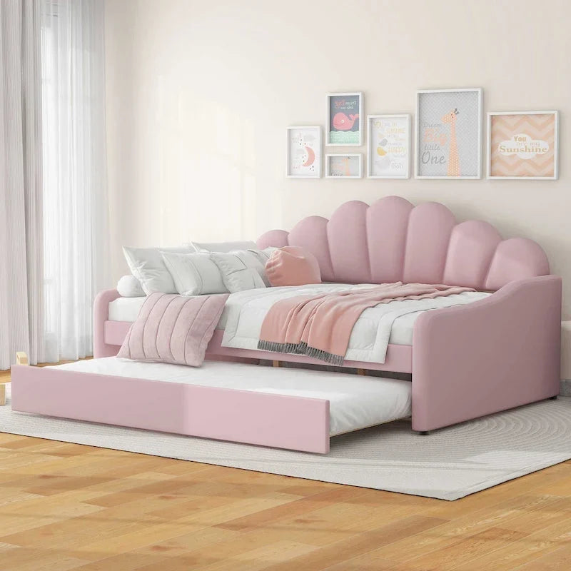 White / Pink Velvet Shell-Back Daybed with Trundle, Full Size, Sleeps 2