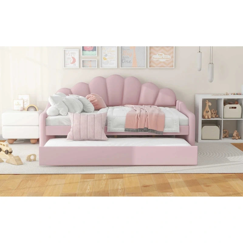 White / Pink Velvet Shell-Back Daybed with Trundle, Full Size, Sleeps 2