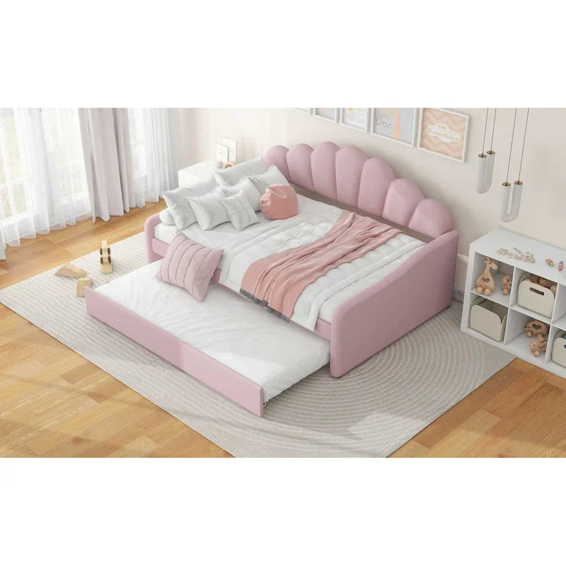 White / Pink Velvet Shell-Back Daybed with Trundle, Full Size, Sleeps 2