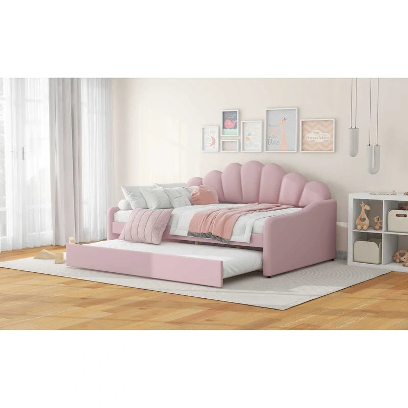 White / Pink Velvet Shell-Back Daybed with Trundle, Full Size, Sleeps 2