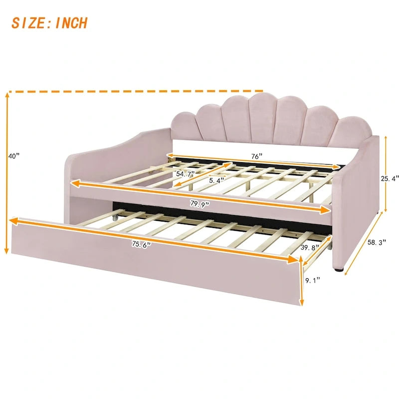 White / Pink Velvet Shell-Back Daybed with Trundle, Full Size, Sleeps 2