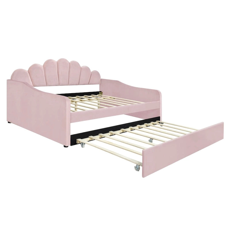 White / Pink Velvet Shell-Back Daybed with Trundle, Full Size, Sleeps 2