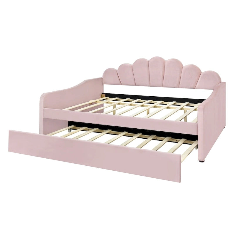 White / Pink Velvet Shell-Back Daybed with Trundle, Full Size, Sleeps 2
