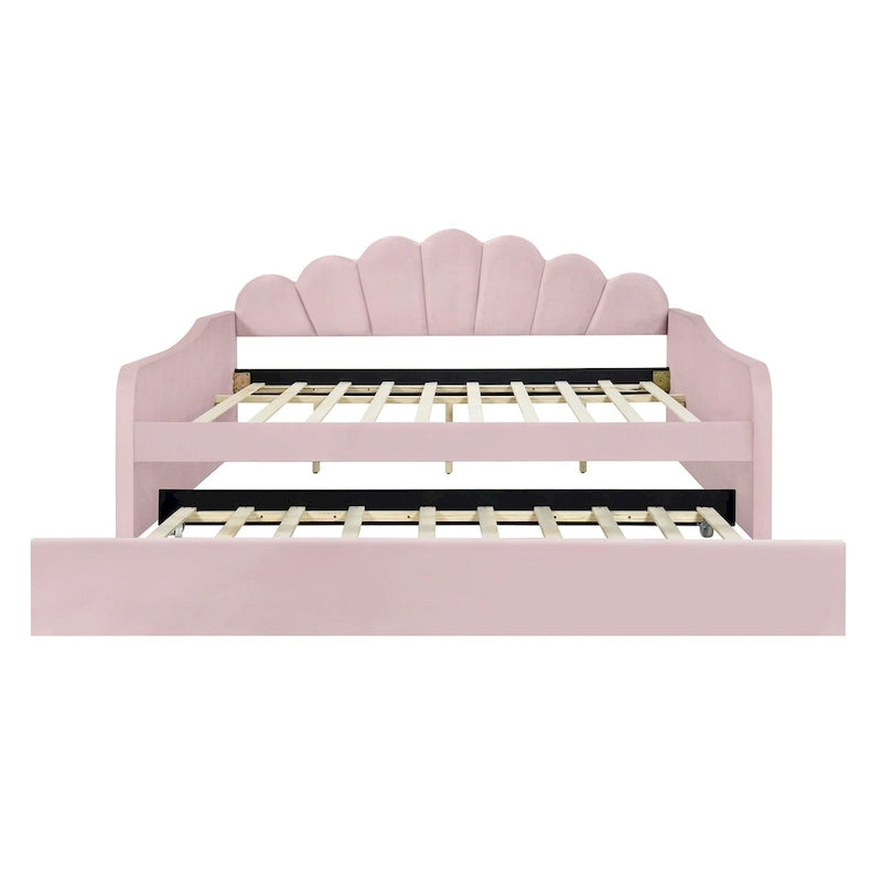 White / Pink Velvet Shell-Back Daybed with Trundle, Full Size, Sleeps 2