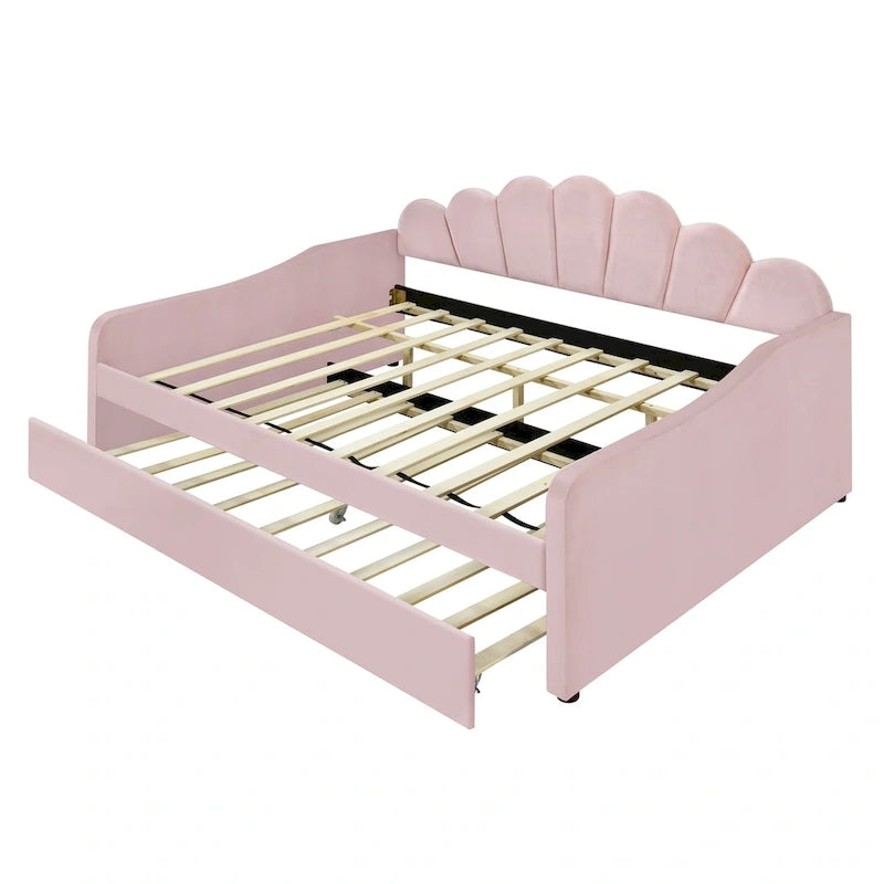 White / Pink Velvet Shell-Back Daybed with Trundle, Full Size, Sleeps 2