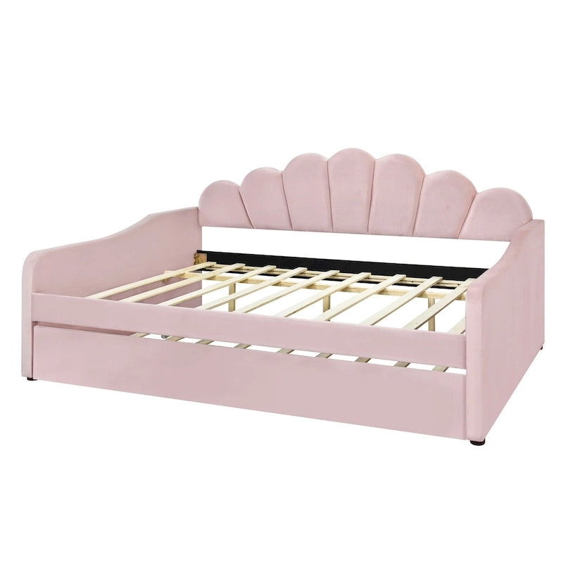 White / Pink Velvet Shell-Back Daybed with Trundle, Full Size, Sleeps 2