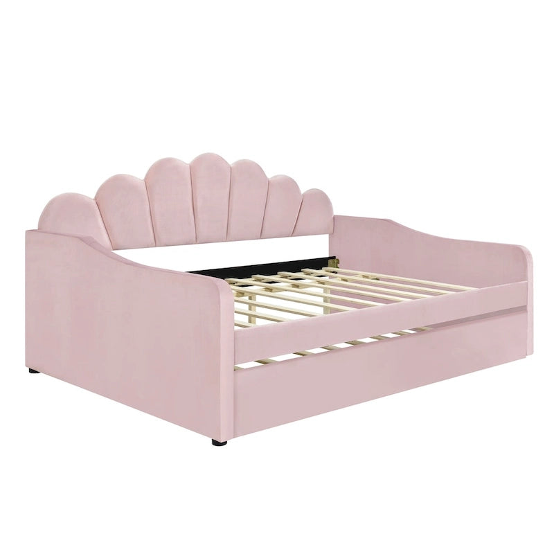 White / Pink Velvet Shell-Back Daybed with Trundle, Full Size, Sleeps 2