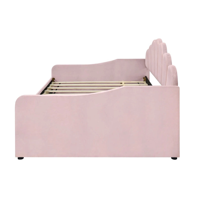 White / Pink Velvet Shell-Back Daybed with Trundle, Full Size, Sleeps 2