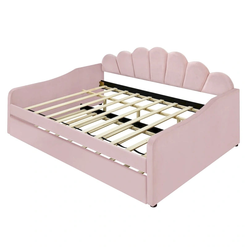 White / Pink Velvet Shell-Back Daybed with Trundle, Full Size, Sleeps 2