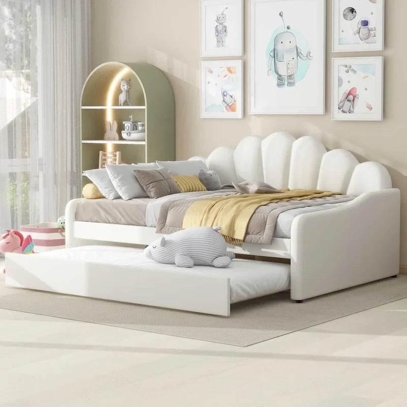 White / Pink Velvet Shell-Back Daybed with Trundle, Full Size, Sleeps 2