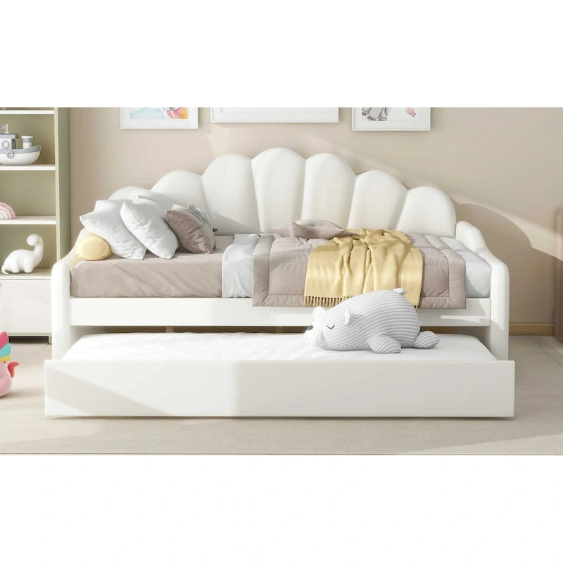 White / Pink Velvet Shell-Back Daybed with Trundle, Full Size, Sleeps 2