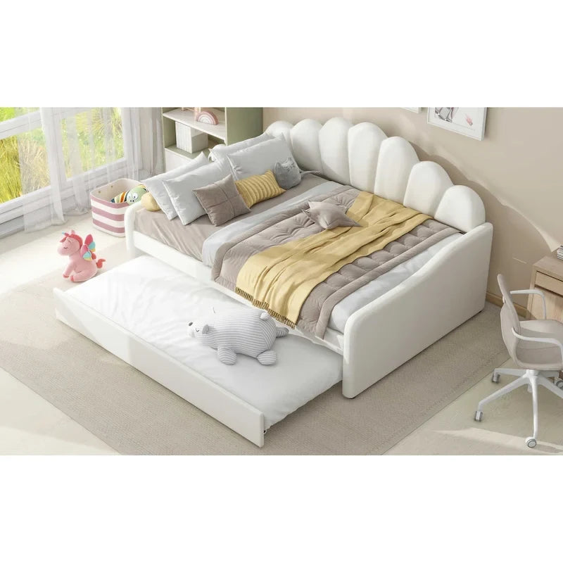 White / Pink Velvet Shell-Back Daybed with Trundle, Full Size, Sleeps 2