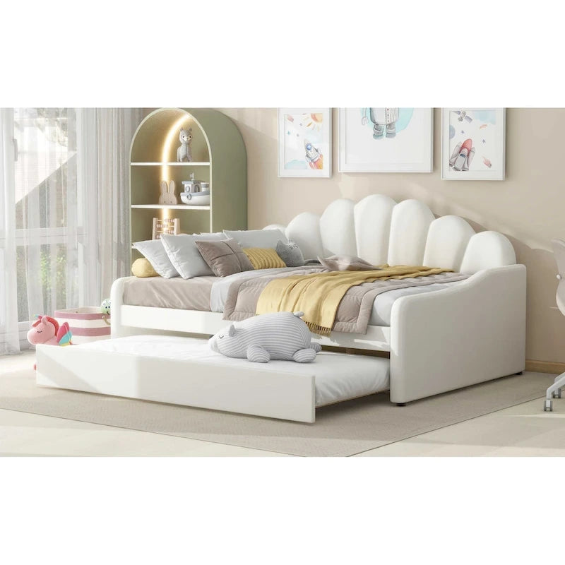 White / Pink Velvet Shell-Back Daybed with Trundle, Full Size, Sleeps 2