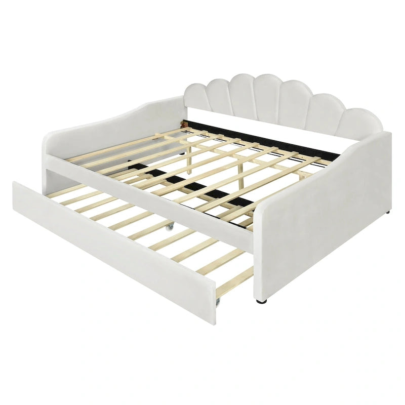 White / Pink Velvet Shell-Back Daybed with Trundle, Full Size, Sleeps 2