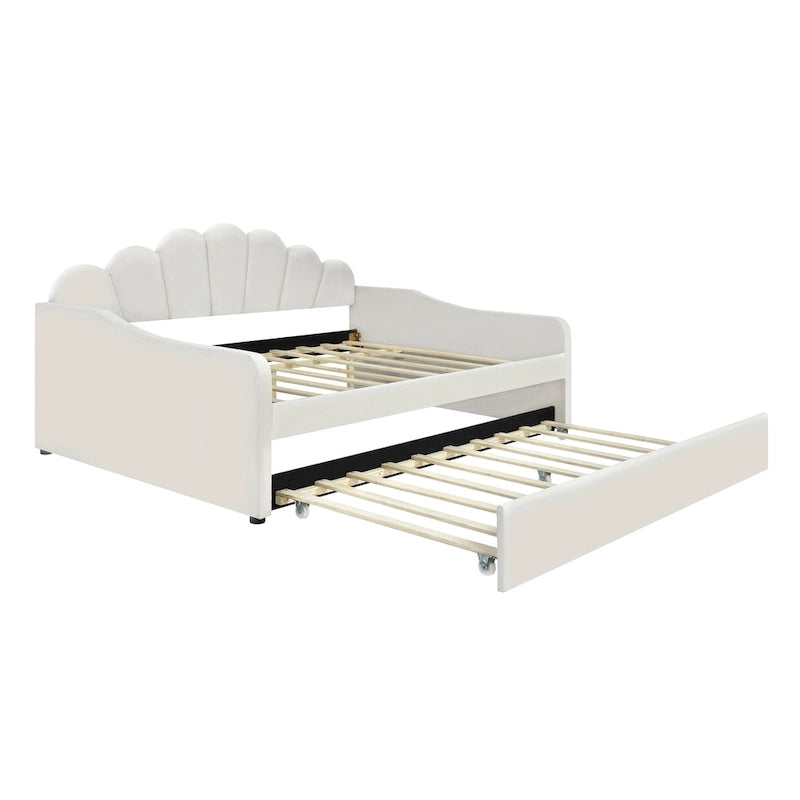 White / Pink Velvet Shell-Back Daybed with Trundle, Full Size, Sleeps 2