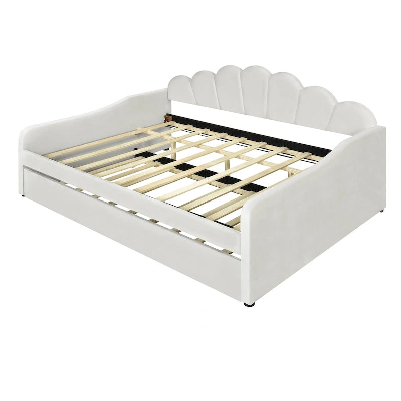 White / Pink Velvet Shell-Back Daybed with Trundle, Full Size, Sleeps 2