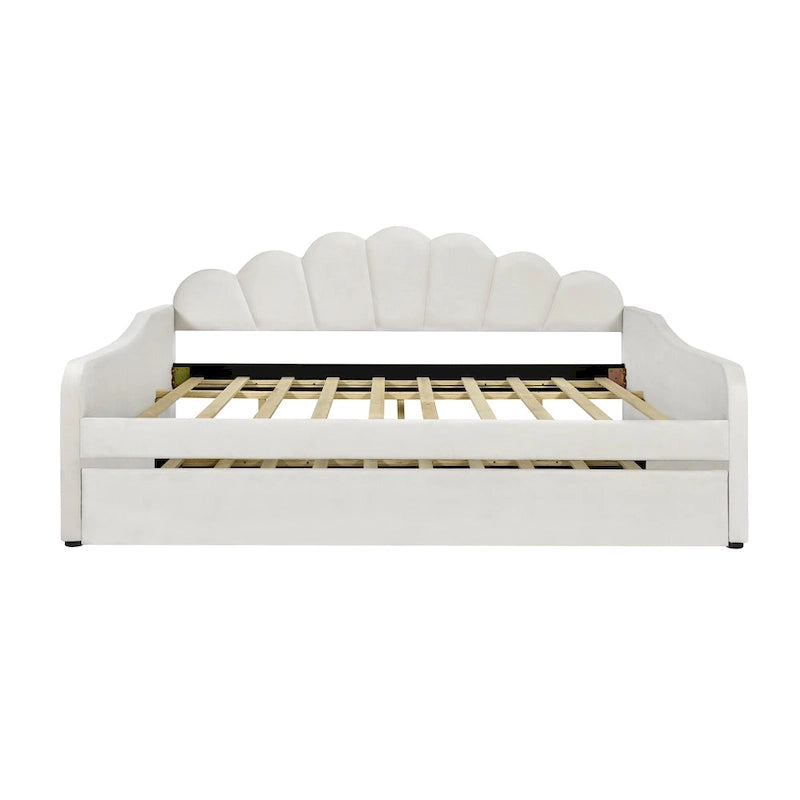 White / Pink Velvet Shell-Back Daybed with Trundle, Full Size, Sleeps 2