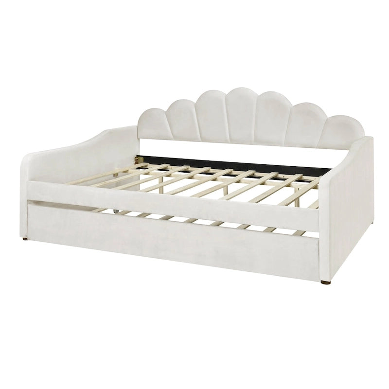 White / Pink Velvet Shell-Back Daybed with Trundle, Full Size, Sleeps 2