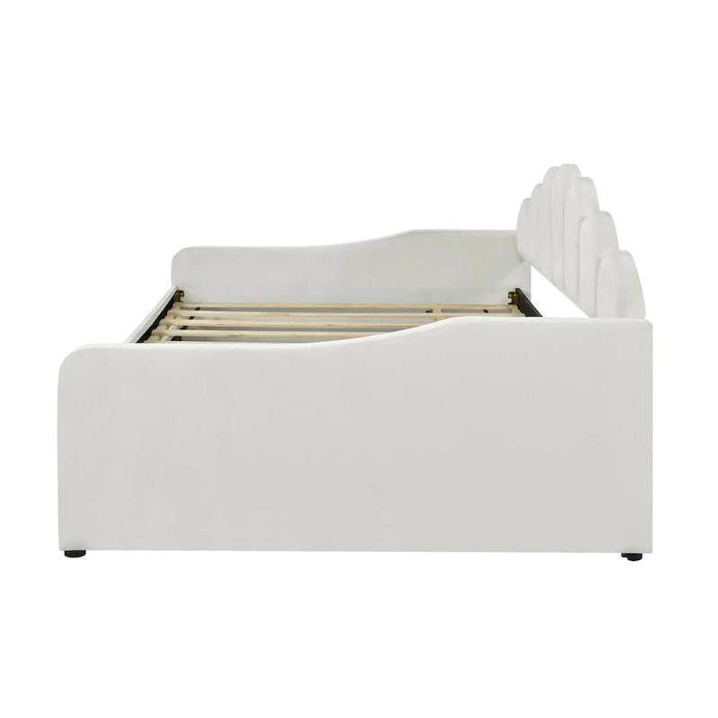White / Pink Velvet Shell-Back Daybed with Trundle, Full Size, Sleeps 2