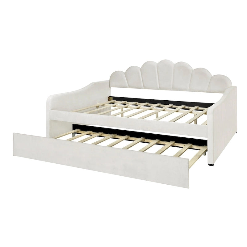 White / Pink Velvet Shell-Back Daybed with Trundle, Full Size, Sleeps 2
