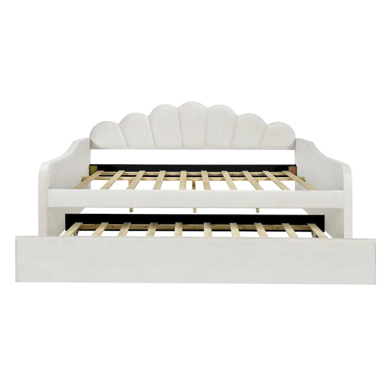 White / Pink Velvet Shell-Back Daybed with Trundle, Full Size, Sleeps 2
