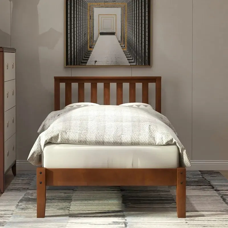 Walnut Twin Platform Bed with Headboard, Wood Slat Support, for 1