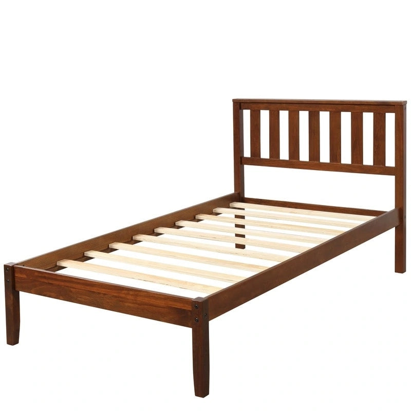 Walnut Twin Platform Bed with Headboard, Wood Slat Support, for 1