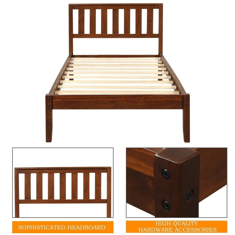 Walnut Twin Platform Bed with Headboard, Wood Slat Support, for 1