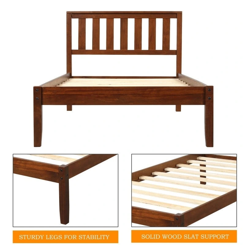 Walnut Twin Platform Bed with Headboard, Wood Slat Support, for 1