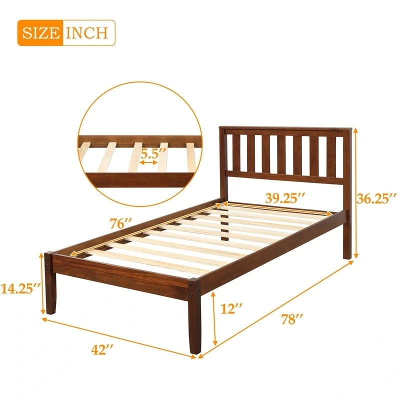 Walnut Twin Platform Bed with Headboard, Wood Slat Support, for 1