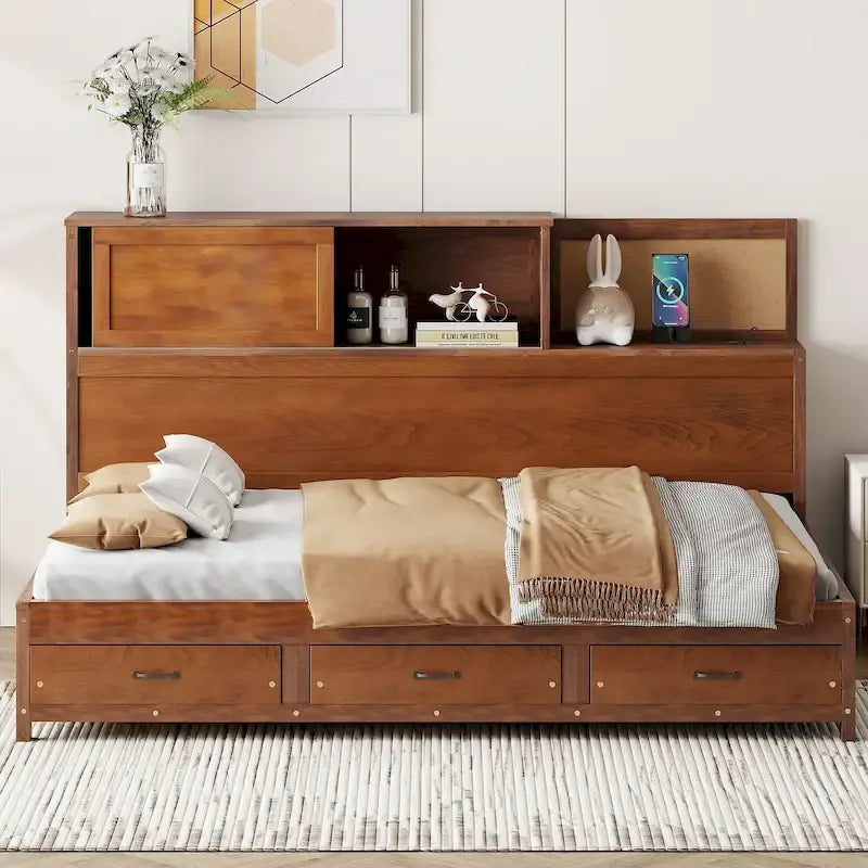Walnut Full Size Daybed with Storage Drawers, USB Ports & Pushable Shelf (Sleeps 1)