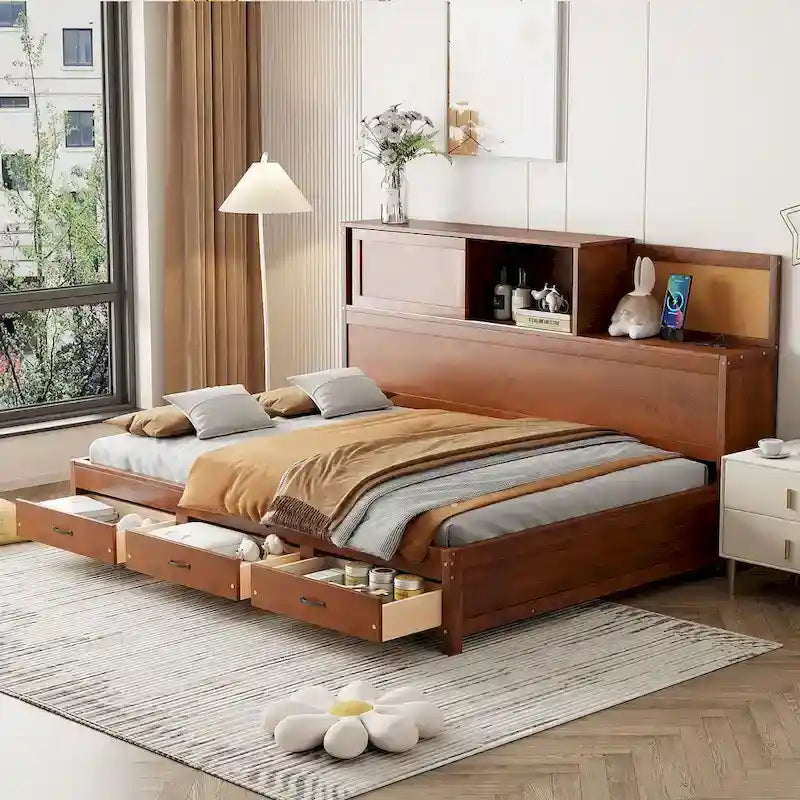 Walnut Full Size Daybed with Storage Drawers, USB Ports & Pushable Shelf (Sleeps 1)