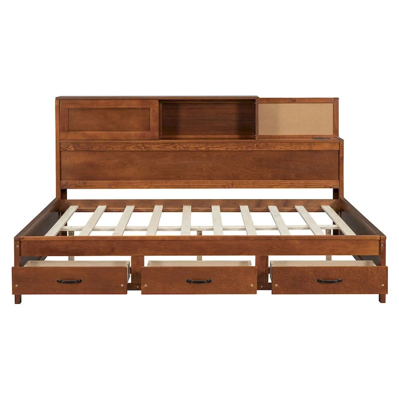 Walnut Full Size Daybed with Storage Drawers, USB Ports & Pushable Shelf (Sleeps 1)