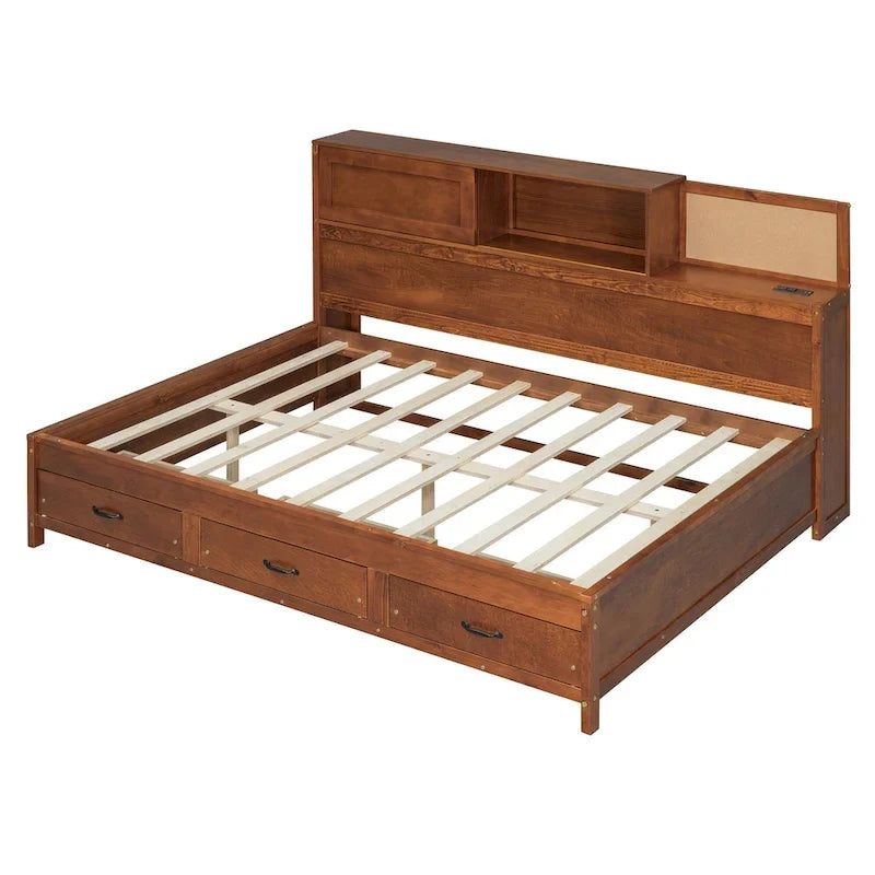 Walnut Full Size Daybed with Storage Drawers, USB Ports & Pushable Shelf (Sleeps 1)