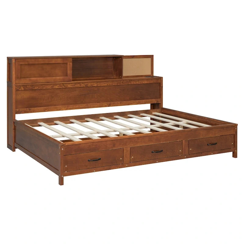 Walnut Full Size Daybed with Storage Drawers, USB Ports & Pushable Shelf (Sleeps 1)