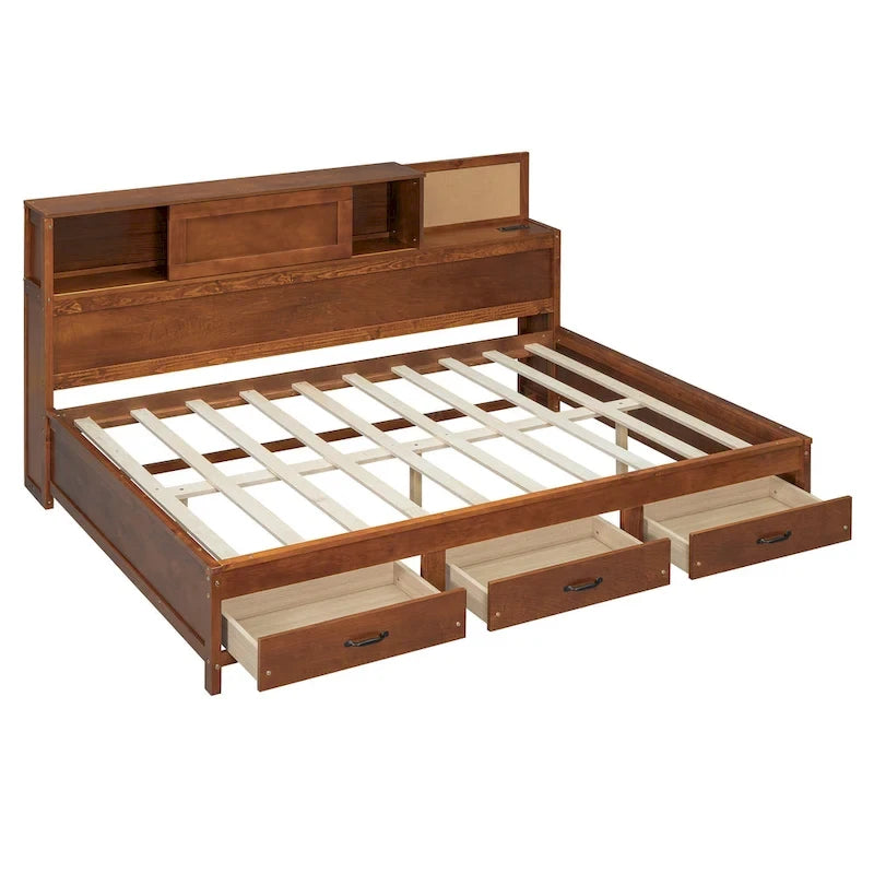 Walnut Full Size Daybed with Storage Drawers, USB Ports & Pushable Shelf (Sleeps 1)