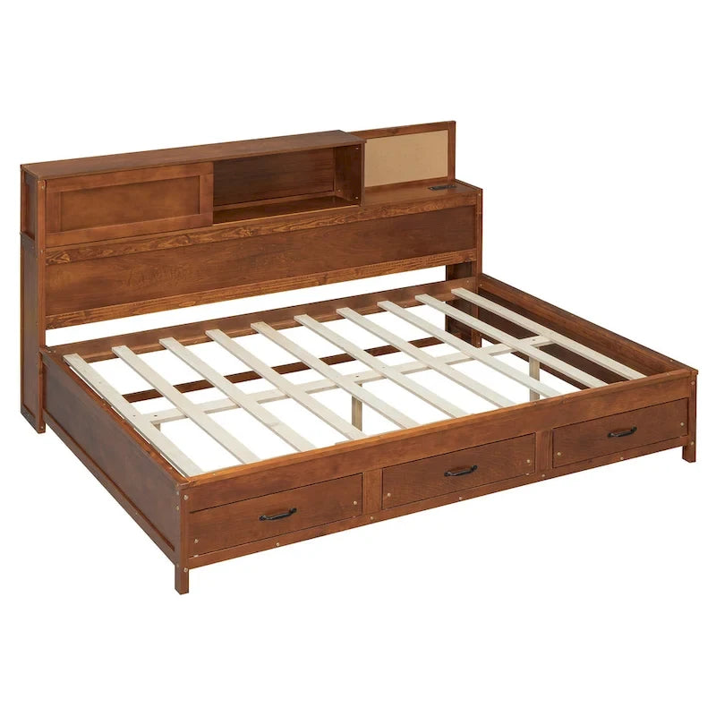Walnut Full Size Daybed with Storage Drawers, USB Ports & Pushable Shelf (Sleeps 1)