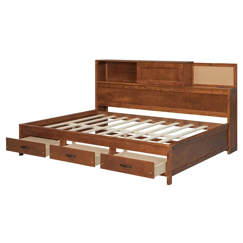 Walnut Full Size Daybed with Storage Drawers, USB Ports & Pushable Shelf (Sleeps 1)