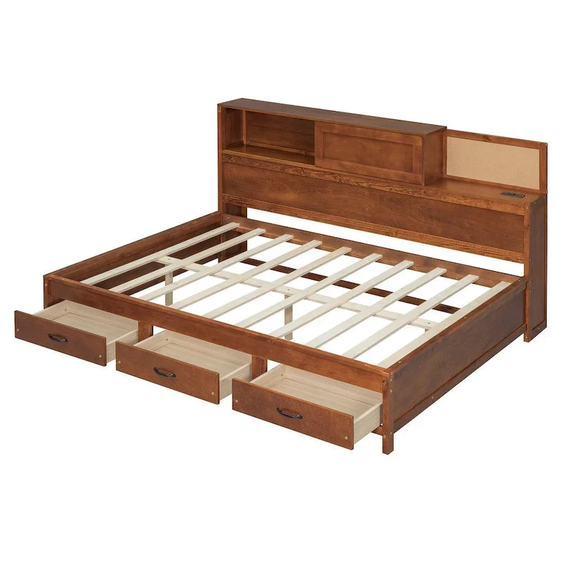 Walnut Full Size Daybed with Storage Drawers, USB Ports & Pushable Shelf (Sleeps 1)