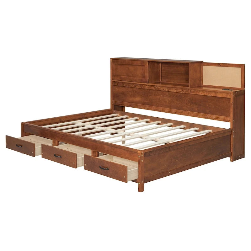 Walnut Full Size Daybed with Storage Drawers, USB Ports & Pushable Shelf (Sleeps 1)