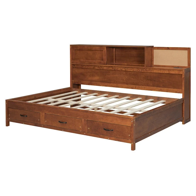 Walnut Full Size Daybed with Storage Drawers, USB Ports & Pushable Shelf (Sleeps 1)