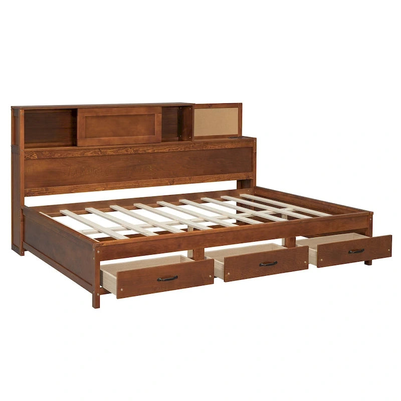 Walnut Full Size Daybed with Storage Drawers, USB Ports & Pushable Shelf (Sleeps 1)