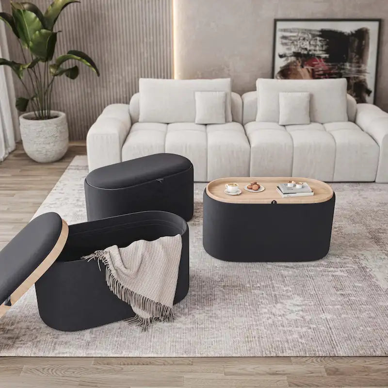 Black Linen Storage Ottoman with Reversible Tray Top, Seats 1